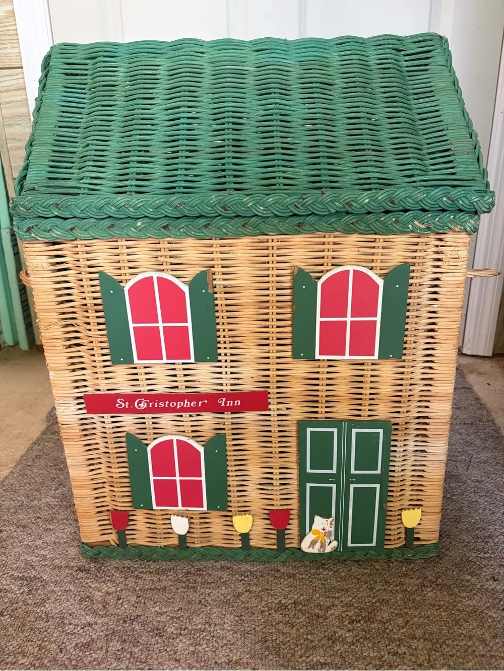Vintage Green & Red Wicker Dollhouse Storage Chest